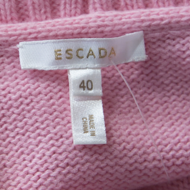 Pre Owned Escada Pink Cashmere Argyle Embroidered Detail Belted Cardigan L