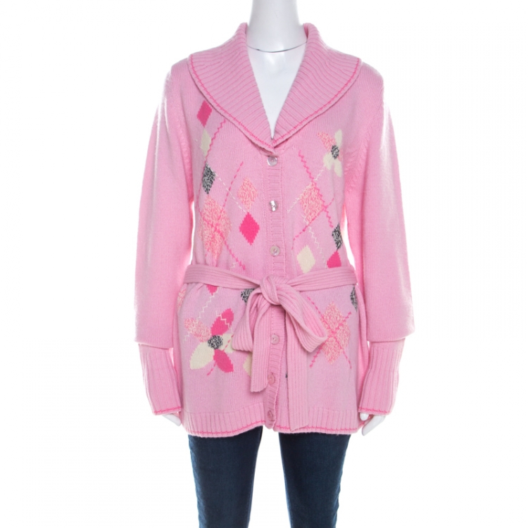 Pre Owned Escada Pink Cashmere Argyle Embroidered Detail Belted Cardigan L