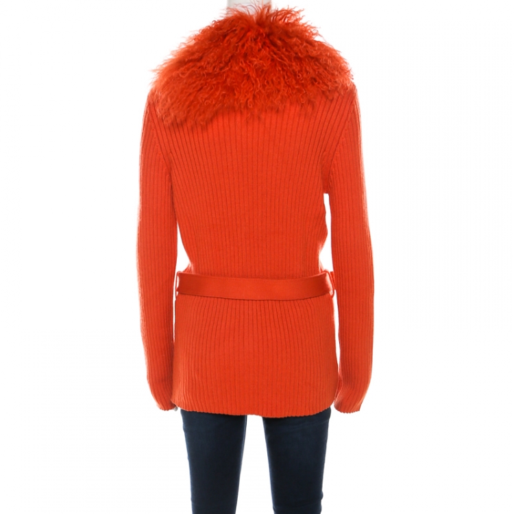 Pre Owned Escada Orange Silk Wool Detachable Fuzzy Collar Detail Belted Cardigan L