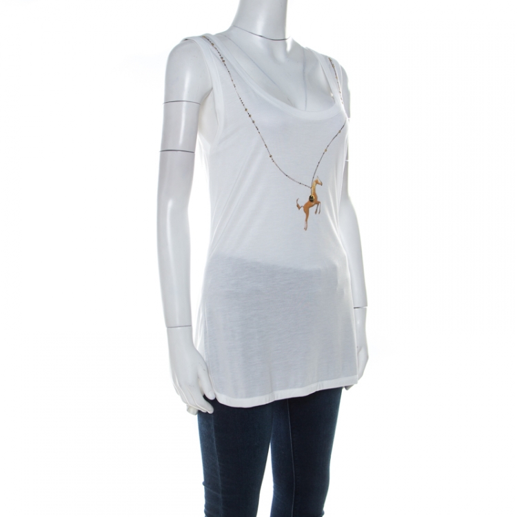 Pre Owned Escada White Horse Necklace Print Jersey Embellished Vest L