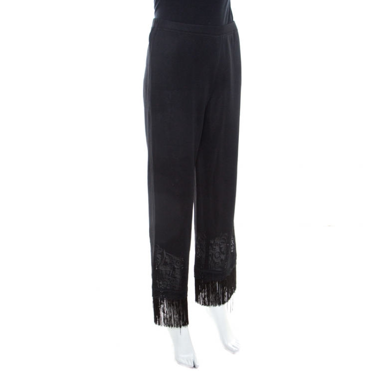 Pre Owned Escada Black Stretch Knit Fringed Hem Elasticized Waist Pants M 