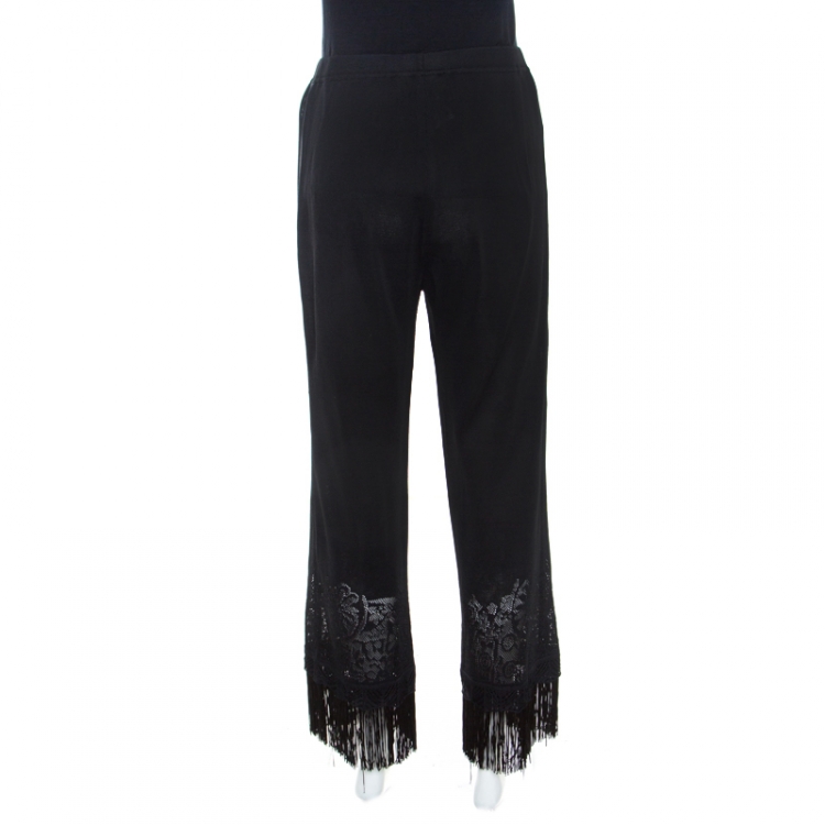 Pre Owned Escada Black Stretch Knit Fringed Hem Elasticized Waist Pants M 