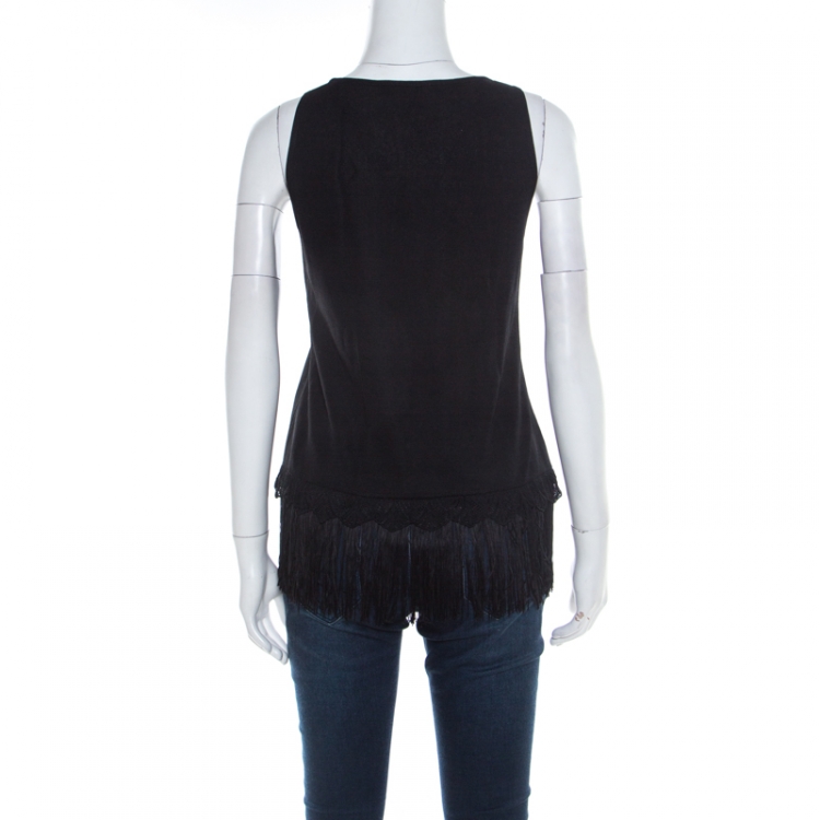 Pre Owned Escada Black Stretch Knit Fringed Hem Sleeveless Top M 