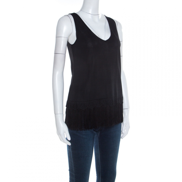 Pre Owned Escada Black Stretch Knit Fringed Hem Sleeveless Top M 
