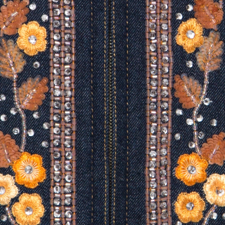 Pre Owned Escada Blue Denim Floral Embroidery Embellished Detail Zipped Jacket XL