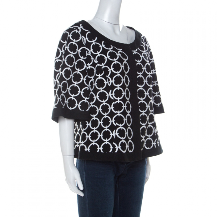 Pre Owned Escada Black Contrast Embroidery Knit Short Sleeve Jacket XL
