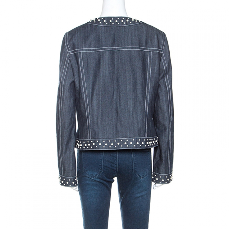 مملوكة مسبقًا Escada Dark Blue Pearl Embellished Zipped Jacket L