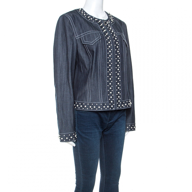 مملوكة مسبقًا Escada Dark Blue Pearl Embellished Zipped Jacket L