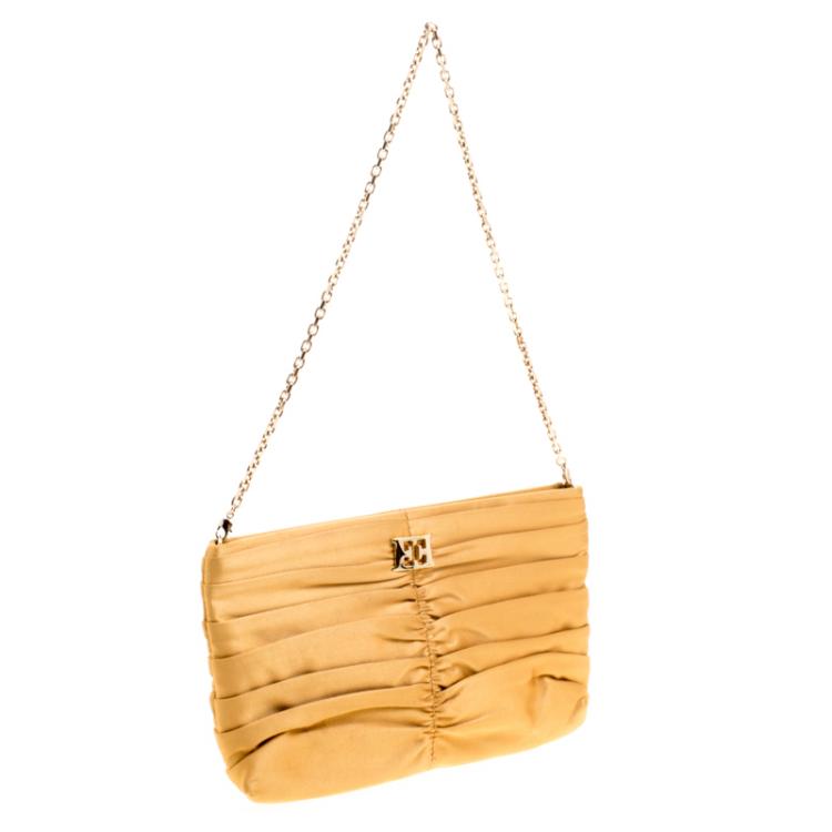 Pre Owned Escada Yellow Pleated Satin Chain Shoulder Bag