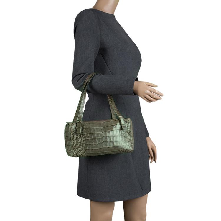 Pre Owned Escada Green Croc Embossed Leather Satchel