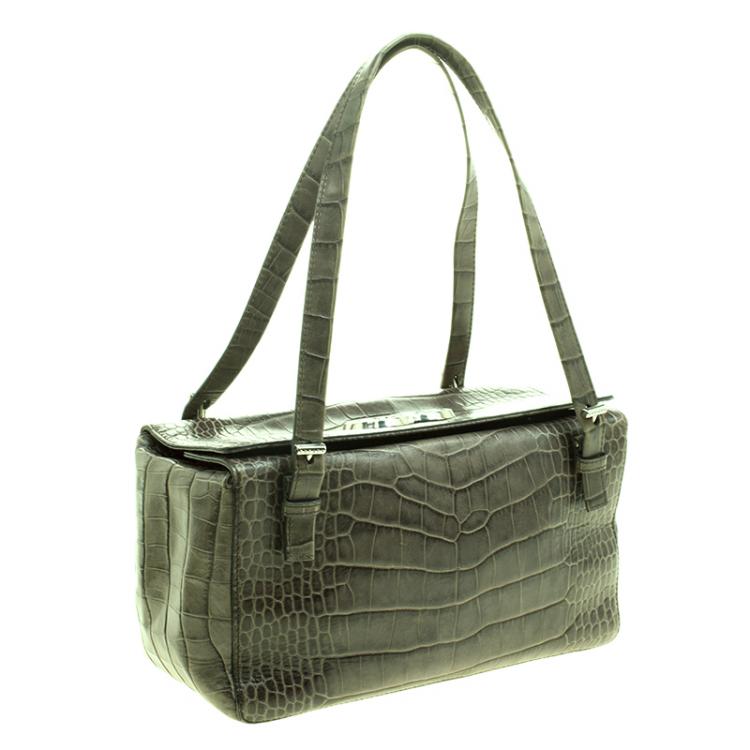 Pre Owned Escada Green Croc Embossed Leather Satchel