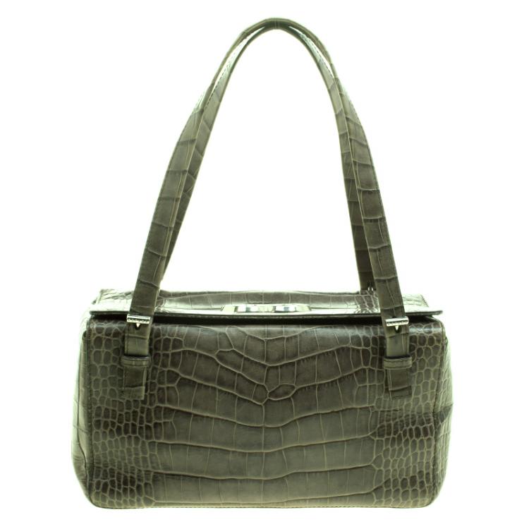 Pre Owned Escada Green Croc Embossed Leather Satchel