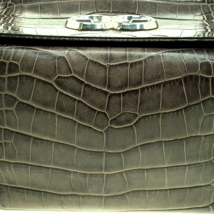 Pre Owned Escada Green Croc Embossed Leather Satchel
