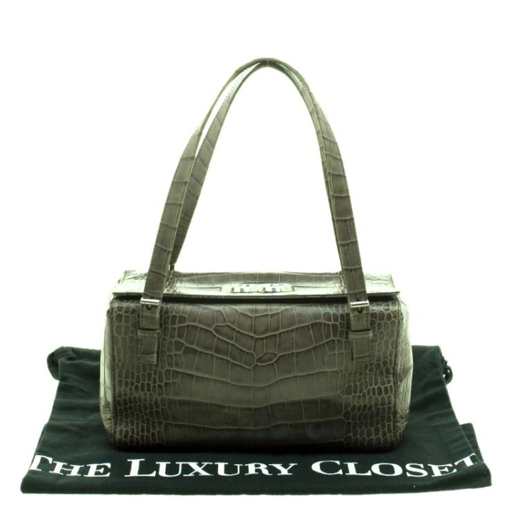 Pre Owned Escada Green Croc Embossed Leather Satchel
