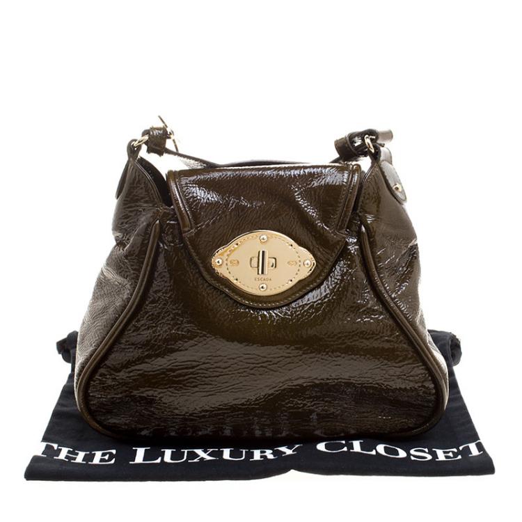 Pre Owned Escada Olive Green Distressed Patent Leather Crossbody Bag