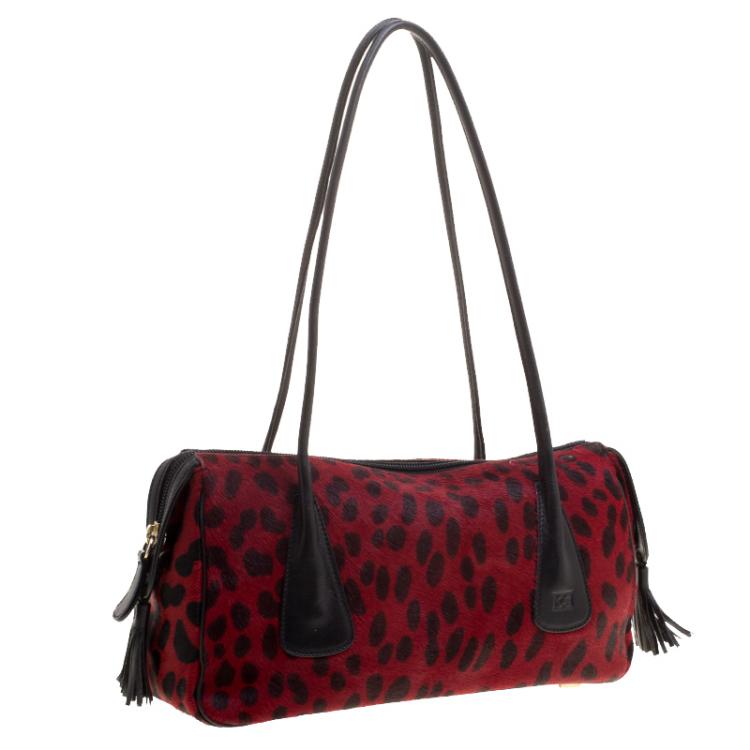 Pre Owned Escada Red/Black Leopard Print Calfhair and Leather Shoulder Bag