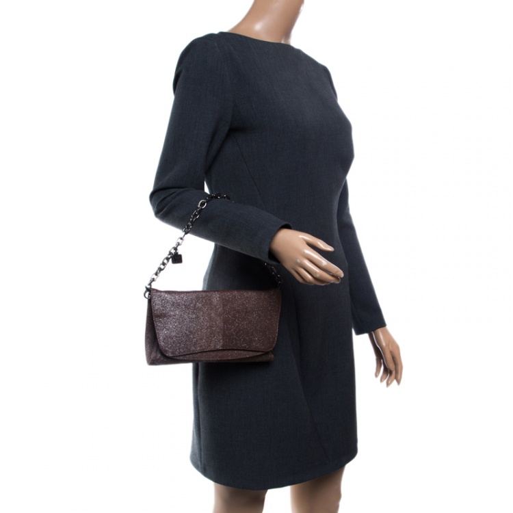 Pre Owned Escada Dark Beige Lizard Glitter Chain Clutch