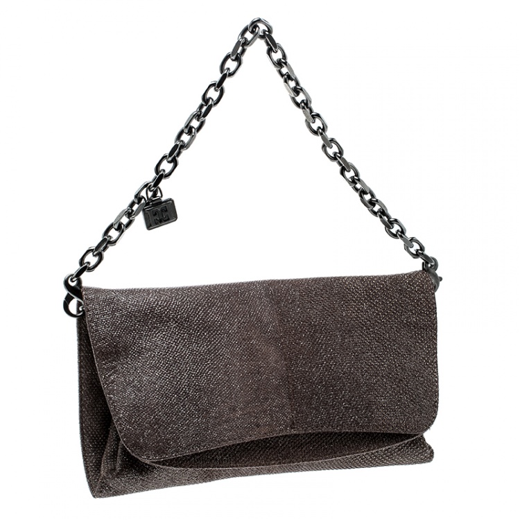 Pre Owned Escada Dark Beige Lizard Glitter Chain Clutch