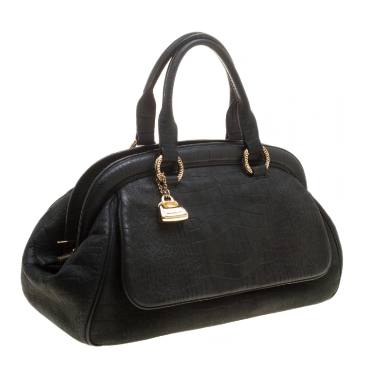 Pre Owned Escada Black Croc Embossed Leather Frame Satchel 