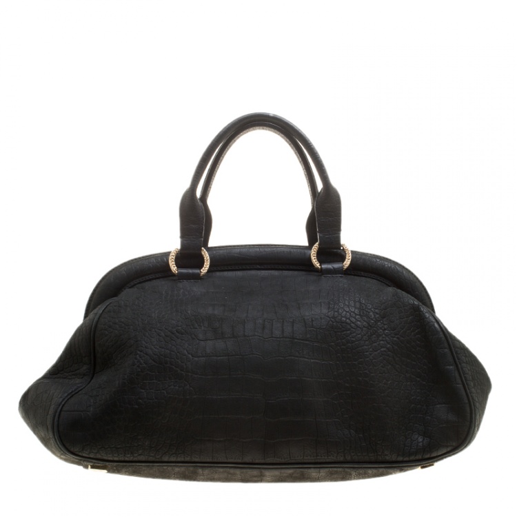 Pre Owned Escada Black Croc Embossed Leather Frame Satchel 