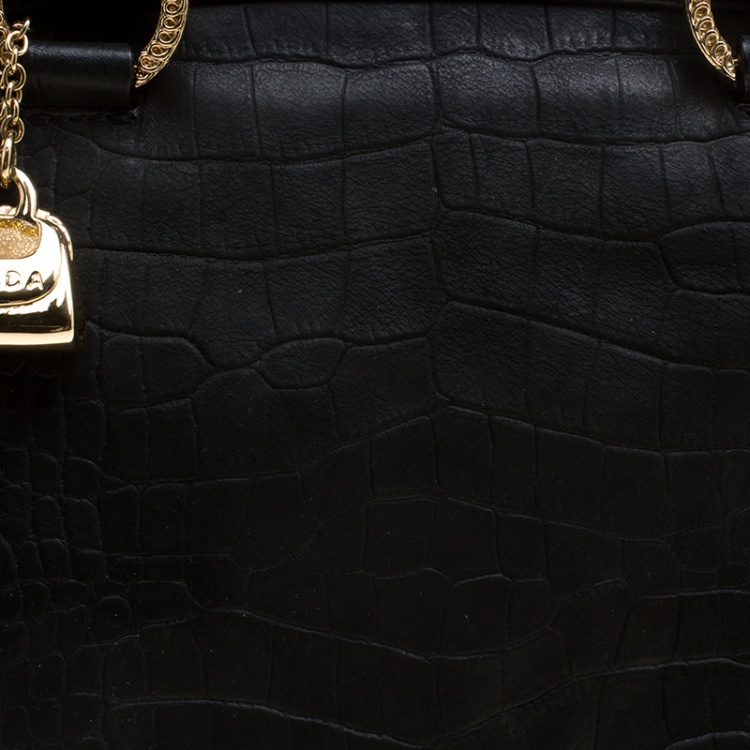 Pre Owned Escada Black Croc Embossed Leather Frame Satchel 