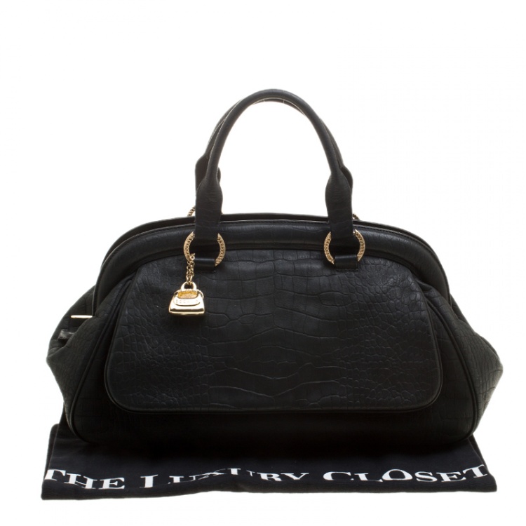 Pre Owned Escada Black Croc Embossed Leather Frame Satchel 