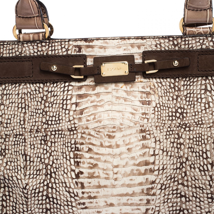 Pre Owned Escada Beige/Brown Croc Embossed Leather and Nubuck Tote
