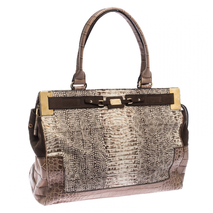 Pre Owned Escada Beige/Brown Croc Embossed Leather and Nubuck Tote