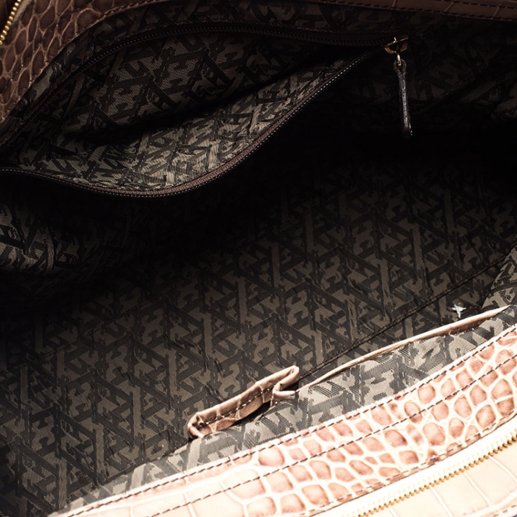 Pre Owned Escada Beige/Brown Croc Embossed Leather and Nubuck Tote