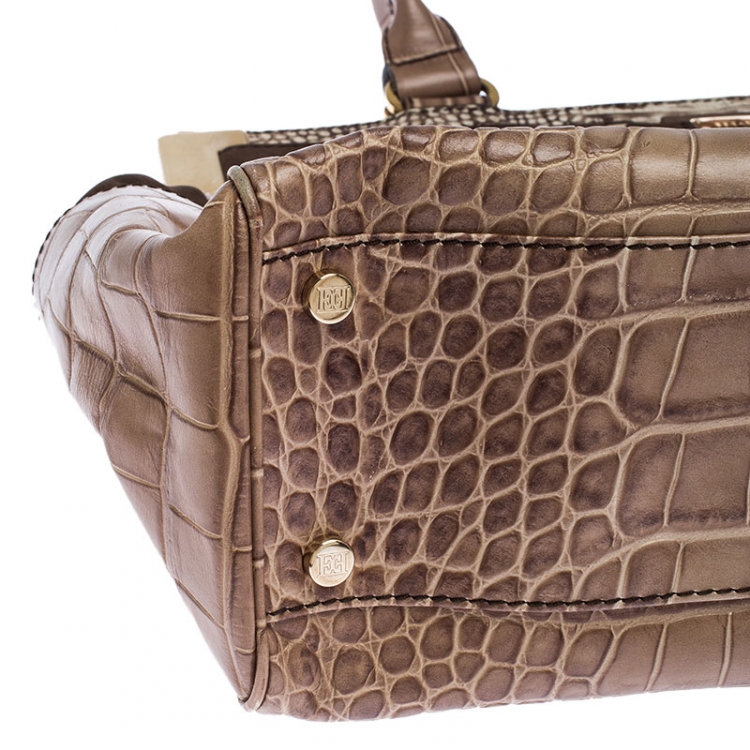 Pre Owned Escada Beige/Brown Croc Embossed Leather and Nubuck Tote