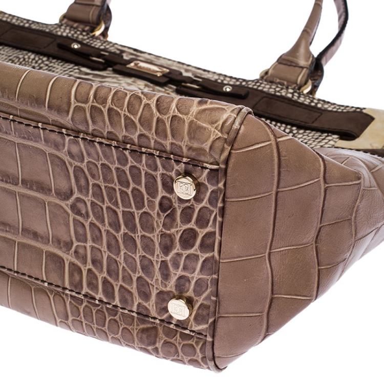 Pre Owned Escada Beige/Brown Croc Embossed Leather and Nubuck Tote