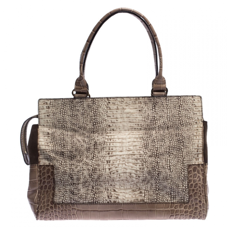 Pre Owned Escada Beige/Brown Croc Embossed Leather and Nubuck Tote
