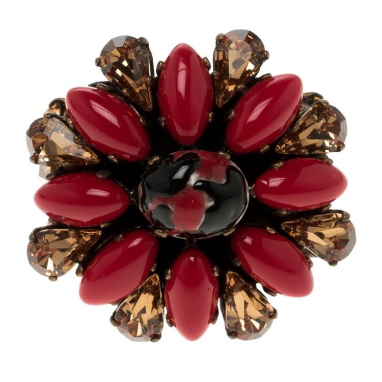 Pre Owned Etro Red Cabochon & Crystal Flower Ring Size 54.5