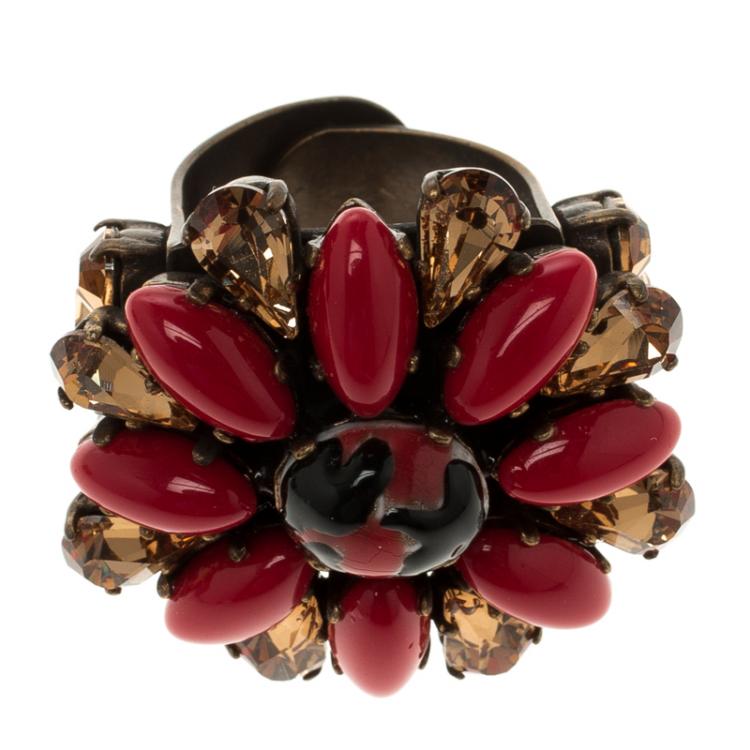 Pre Owned Etro Red Cabochon & Crystal Flower Ring Size 54.5