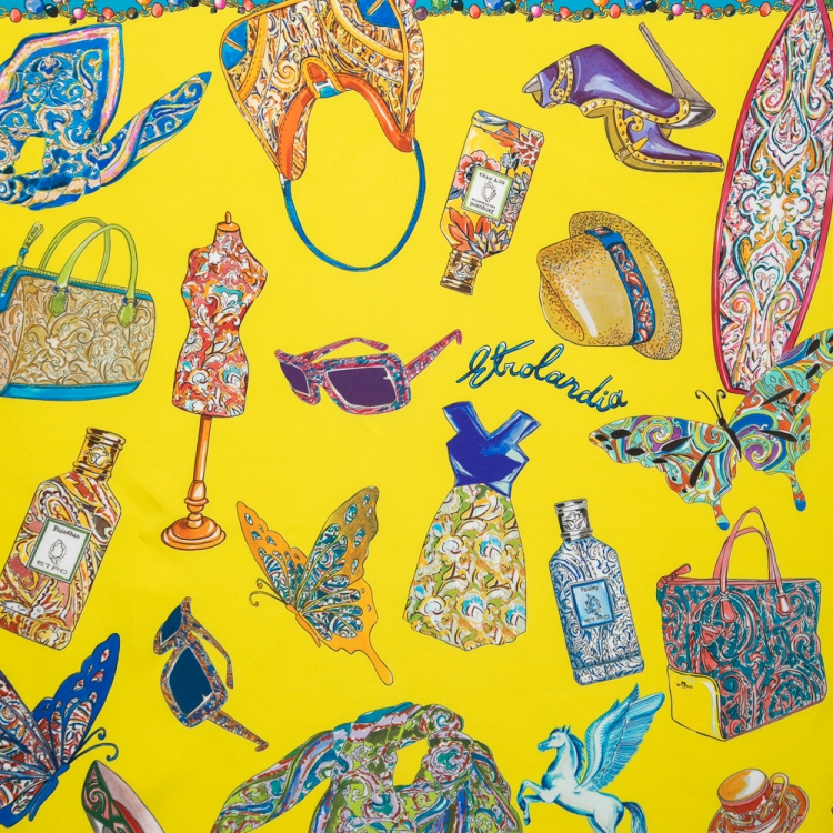 Pre Owned Etro Yellow & Blue Printed Silk Square Scarf 