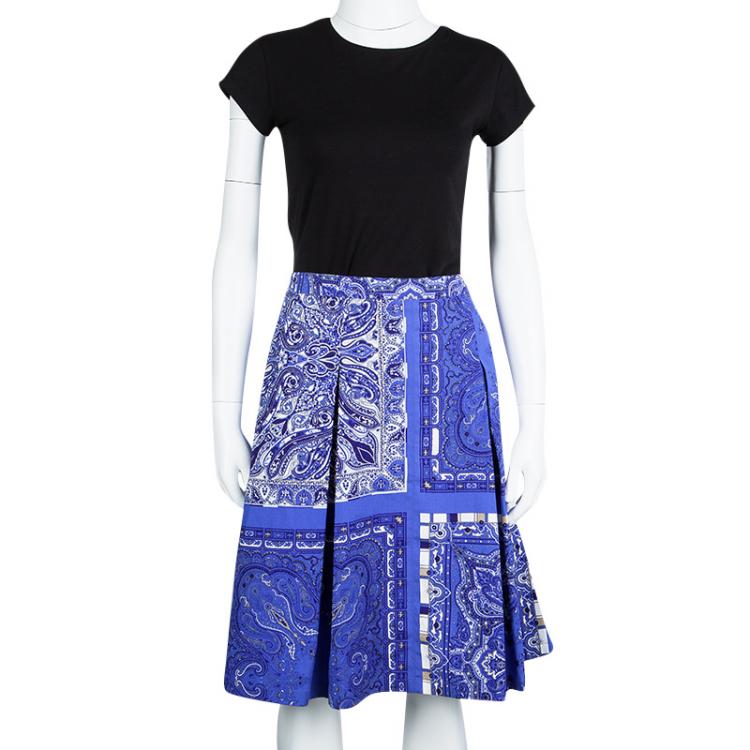 Pre Owned Etro Blue Paisley Printed Cotton Pleated Skirt L
