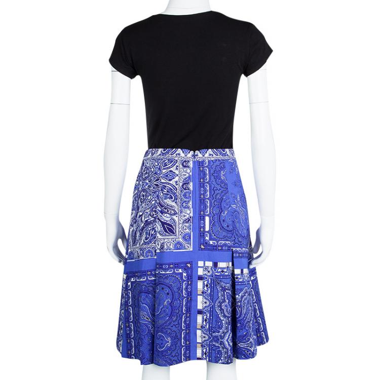 Pre Owned Etro Blue Paisley Printed Cotton Pleated Skirt L