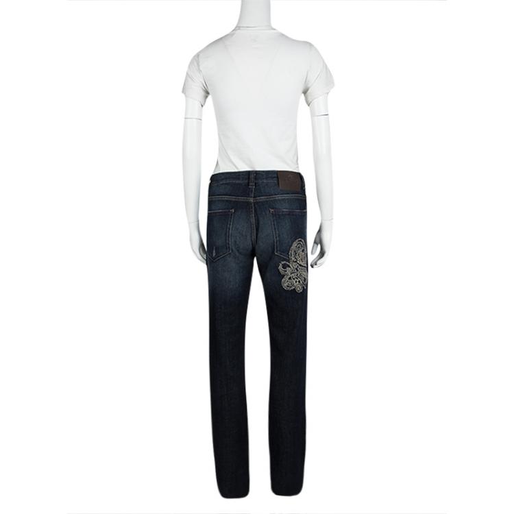 Pre Owned Etro Indigo Dark Wash Faded Effect Denim Patchwork Detail Distressed Jeans L