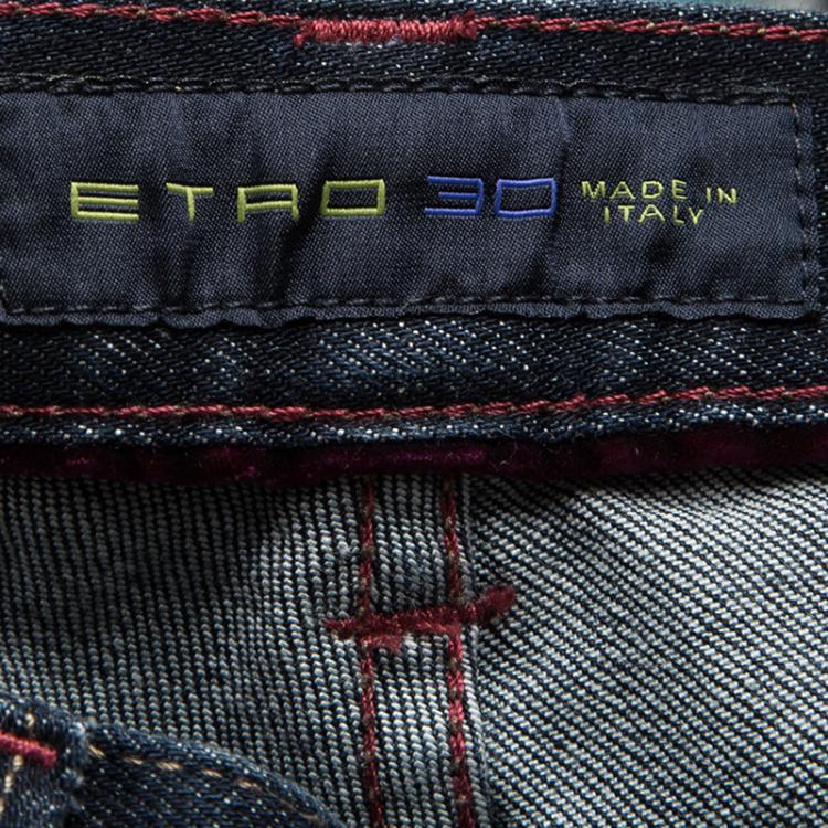 Pre Owned Etro Indigo Dark Wash Faded Effect Denim Patchwork Detail Distressed Jeans L