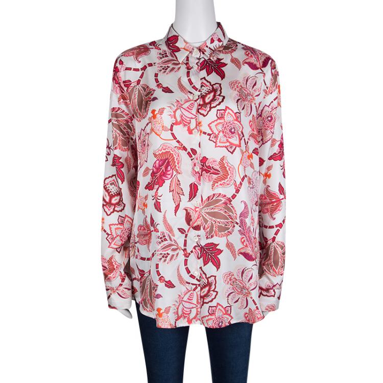 Pre Owned Etro White Floral Printed Silk Long Sleeve Button Front Shirt L