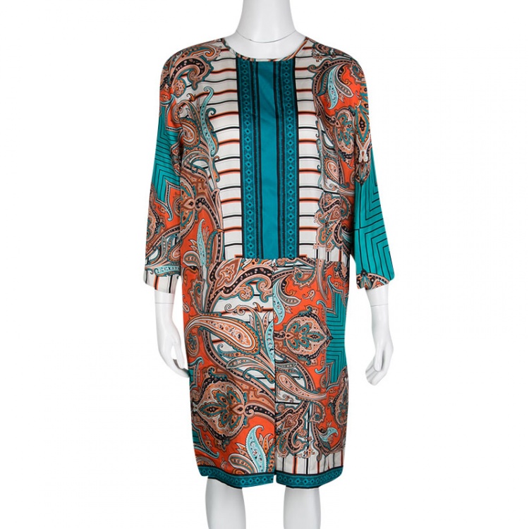 Pre Owned Etro Multicolor Printed Silk Long Sleeve Dress L