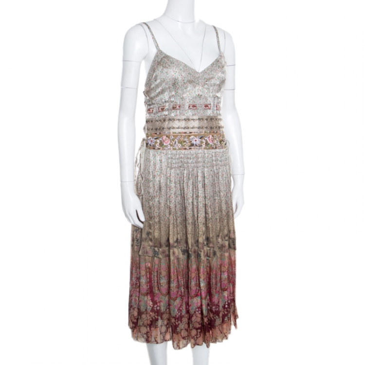 Pre Owned Etro Ivory Rose Floral Printed Silk Sequin Embellished Striated Ombré Sundress L