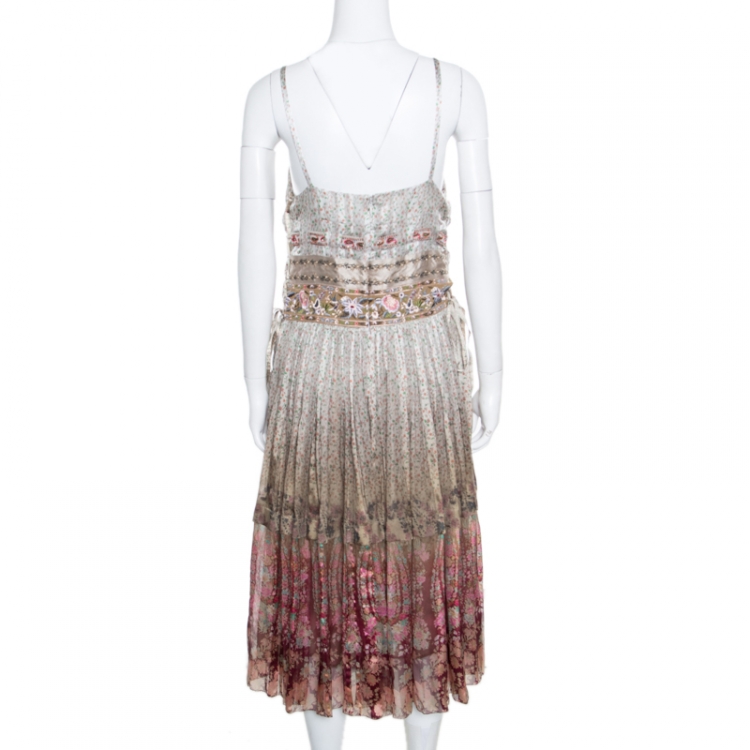 Pre Owned Etro Ivory Rose Floral Printed Silk Sequin Embellished Striated Ombré Sundress L