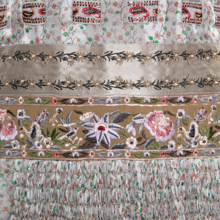 Pre Owned Etro Ivory Rose Floral Printed Silk Sequin Embellished Striated Ombré Sundress L