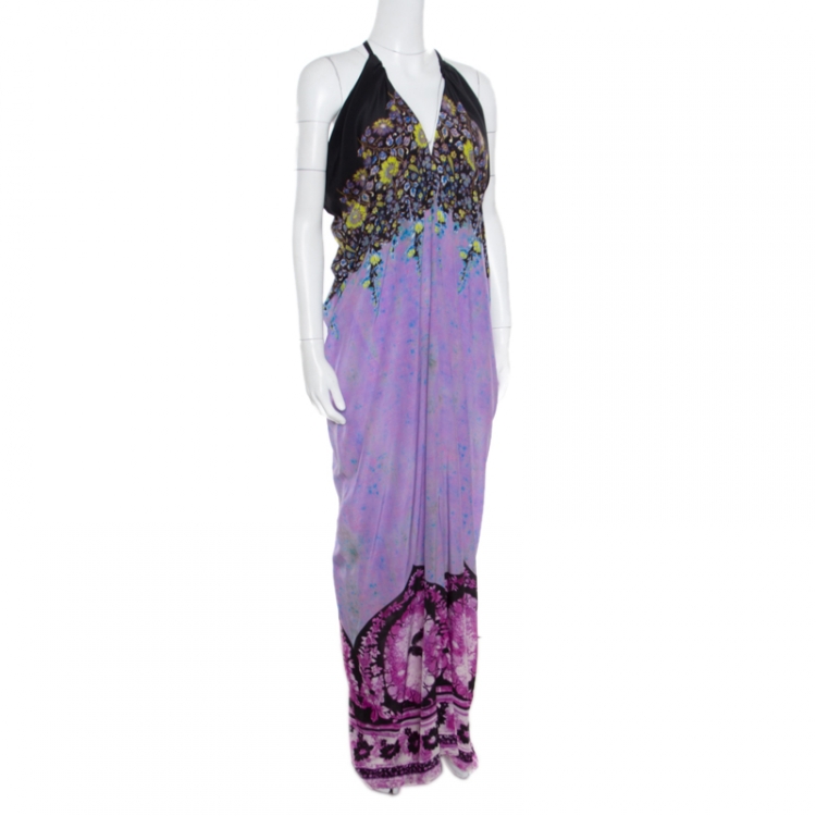 Pre Owned Etro Lavender and Black Floral Printed Sleeveless Draped Maxi Dress L