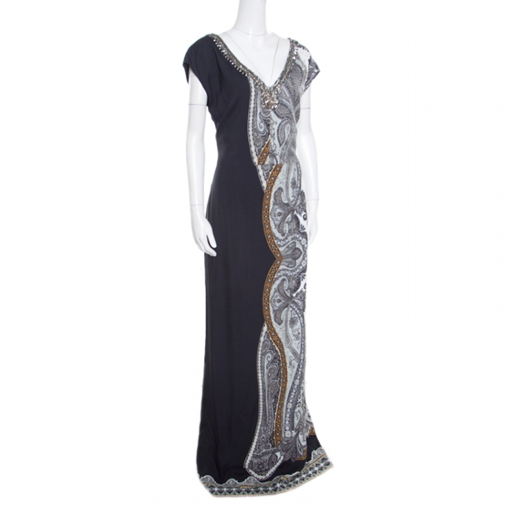 Pre Owned Etro Monochrome Paisley Printed Embellished Maxi Dress L
