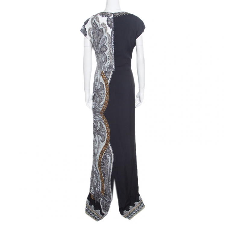 Pre Owned Etro Monochrome Paisley Printed Embellished Maxi Dress L