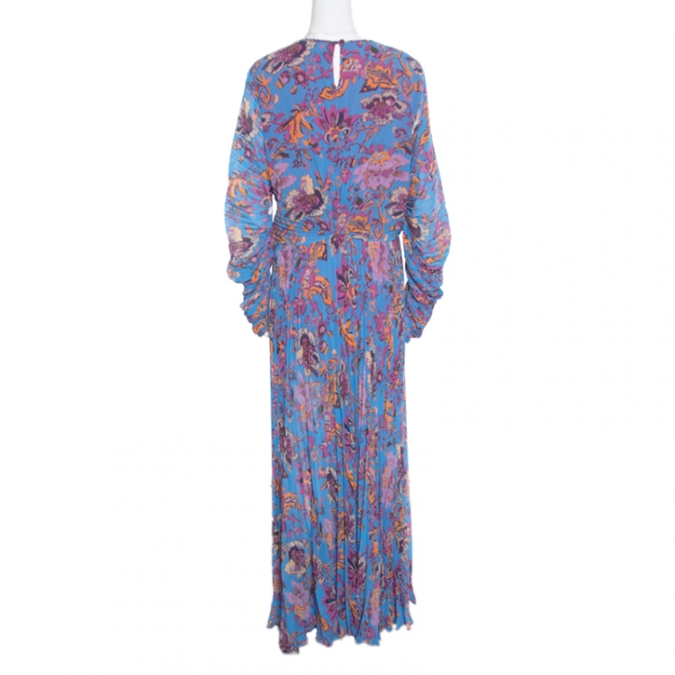 Pre Owned Etro Blue Ornate Floral Printed Silk Lined Pleated Maxi Dress L