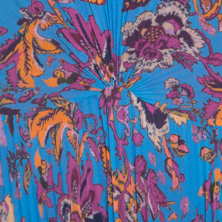 Pre Owned Etro Blue Ornate Floral Printed Silk Lined Pleated Maxi Dress L