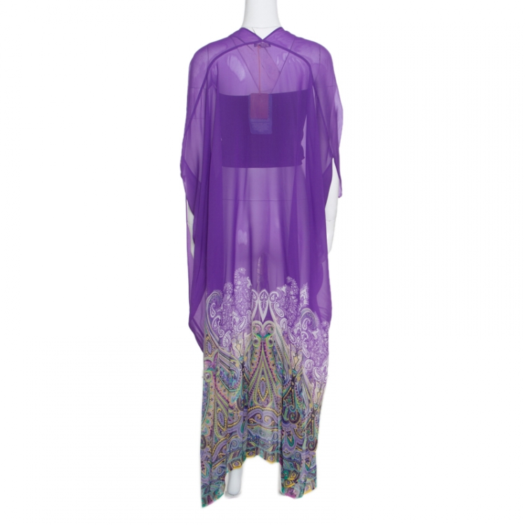 Pre Owned Etro Purple Paisley Border Printed Sheer Silk Maxi Kaftan ( One Size )